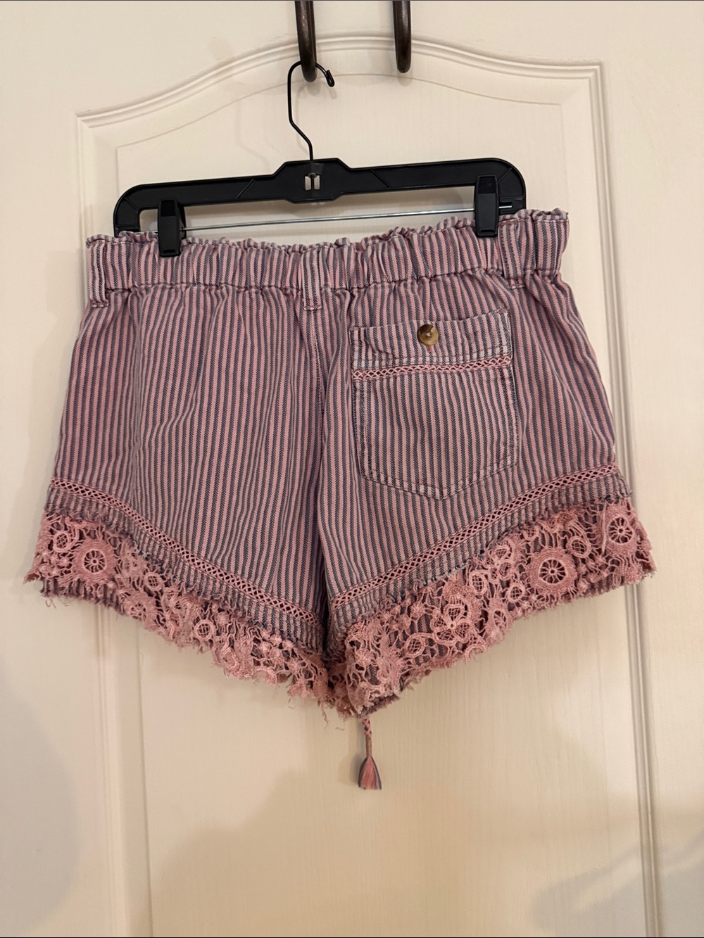 We The Free Pink and Blue Striped Crochet-Trim Jean Shorts - Picture 2 of 6